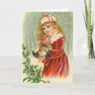 Cartes Pour Fêtes Annuelles Girl and Rabbit Vintage Christmas