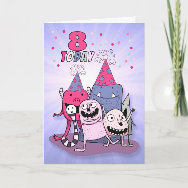 Cartes Pour Fêtes Annuelles Girls 8th Birthday Pink n Purple Cartoon Monsters (Devant)