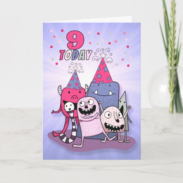 Cartes Pour Fêtes Annuelles Girls 9th Birthday Pink n Purple Cartoon Monsters (Devant)