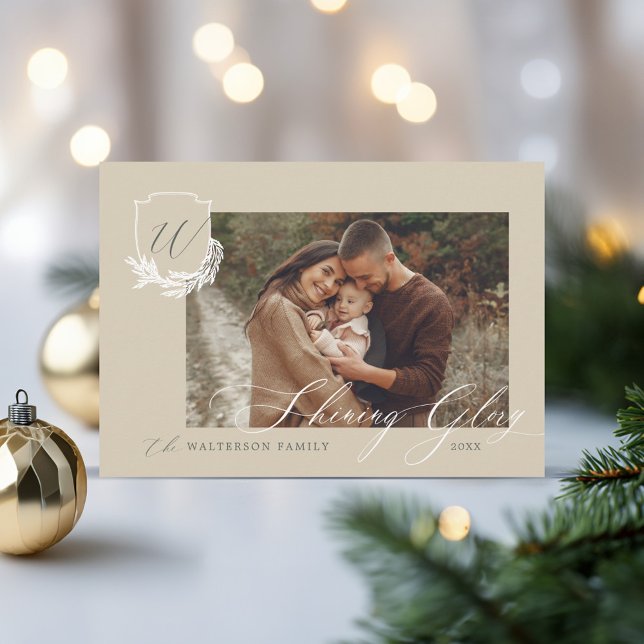 Cartes Pour Fêtes Annuelles Glace brillante hiver Garland Monogramme Crest Pho (Shining Glory Winter Garland Monogram Crest Photo Holiday Card)