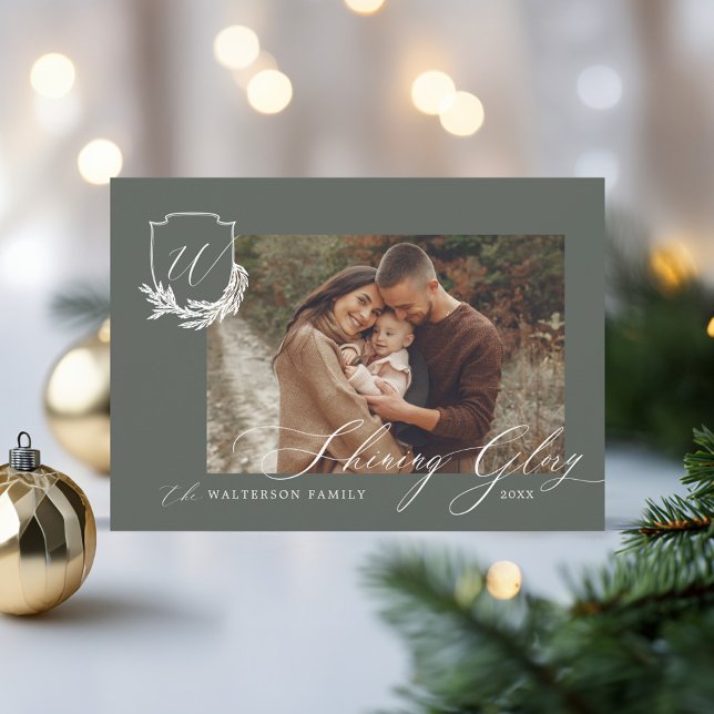 Cartes Pour Fêtes Annuelles Glace brillante hiver Garland Monogramme Crest Pho (Shining Glory Winter Garland Monogram Crest Photo Holiday Card)