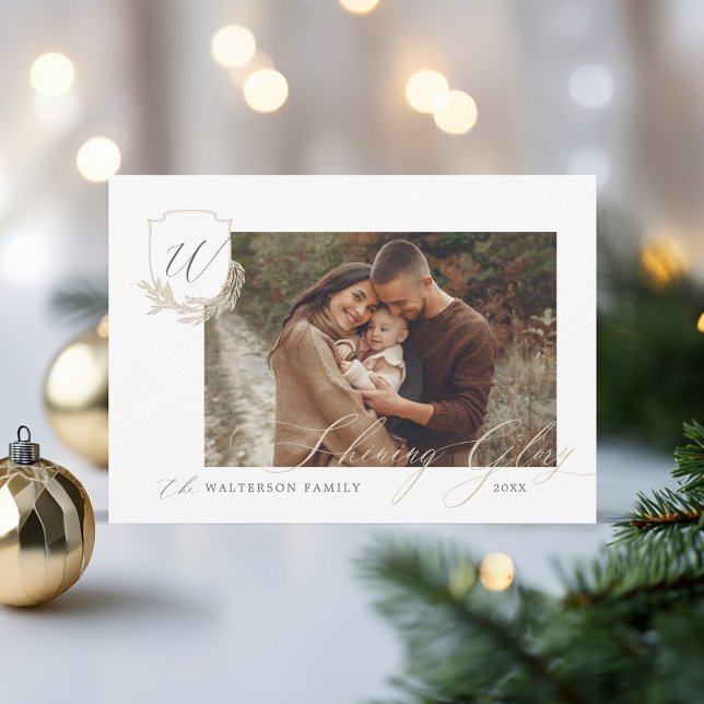Cartes Pour Fêtes Annuelles Glace brillante hiver Garland Monogramme Crest Pho (Shining Glory Winter Garland Monogram Crest Photo Holiday Card)