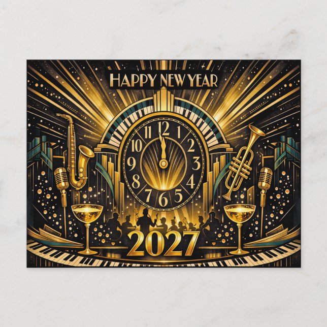Cartes Pour Fêtes Annuelles Glamorous Gold Art Deco New Year Jazz Celebration (Devant)