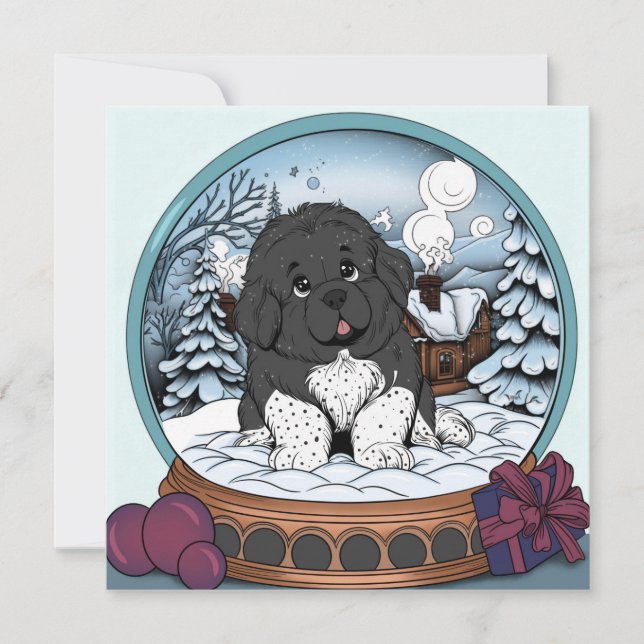 Cartes Pour Fêtes Annuelles Globe à neige avec chiot de Terre-Neuve (Devant)