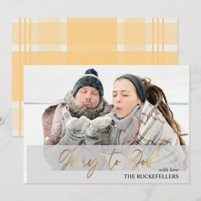 Cartes Pour Fêtes Annuelles Gloire à Dieu Script Christmas Mustard Tartan Phot (Devant / Derrière)
