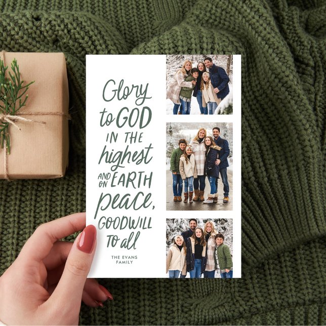 Cartes Pour Fêtes Annuelles Gloire à Dieu trois photo religieuse Noël vert (Créateur téléchargé)