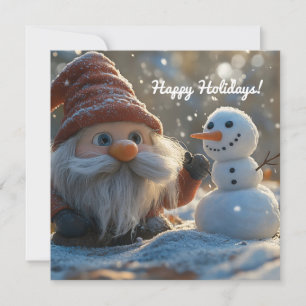 Cartes Pour Fêtes Annuelles Gnome adorable et bonhomme de neige dans un pays d