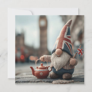 Cartes Pour Fêtes Annuelles Gnome britannique avec Casquette Union Jack et thé