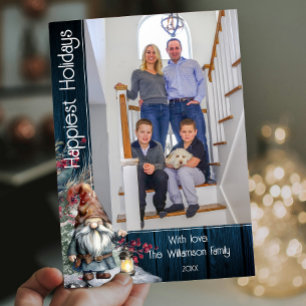 Cartes Pour Fêtes Annuelles Gnome de Noël rustique aquarelle Photo bleue