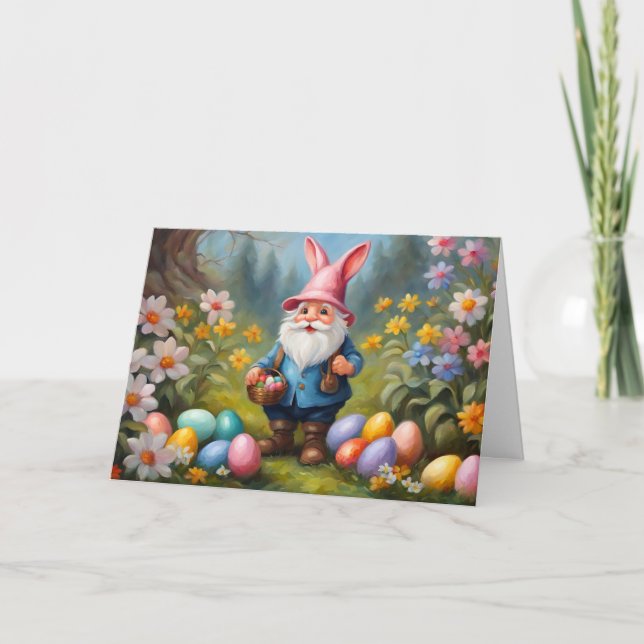 Cartes Pour Fêtes Annuelles Gnome de Pâques mignonne dans le jardin du printem (Devant)