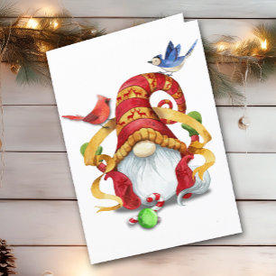 Cartes Pour Fêtes Annuelles Gnome de ruban drôle avec oiseaux Plié Noël