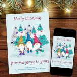 Cartes Pour Fêtes Annuelles Gnome et Arbres de Noël Funny Pun<br><div class="desc">Dites "joyeux noël de notre gnome au vôtre" avec cette carte de vacances amusante, légère et colorée. Le design présente de mignons gnomes dans une forêt d'arbres décorés de noël avec typographie simienne. Tout le libellé est entièrement modifiable, si vous préférez dire des vacances heureuses par exemple. Il se lit...</div>