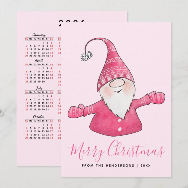 Cartes Pour Fêtes Annuelles Gnome mignonne 2025 Calendrier Pink Joyeux Noël (Devant / Derrière)