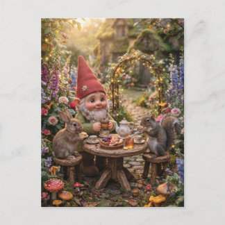 Cartes Pour Fêtes Annuelles Gnome prenant le thé avec un lapin et un écureuil