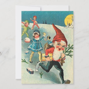Cartes Pour Fêtes Annuelles Gnome Vintage De Noël Courir Des Enfants