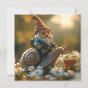 Cartes Pour Fêtes Annuelles Gnome Whimsical sur Snail Ride Magical Garden Scèn