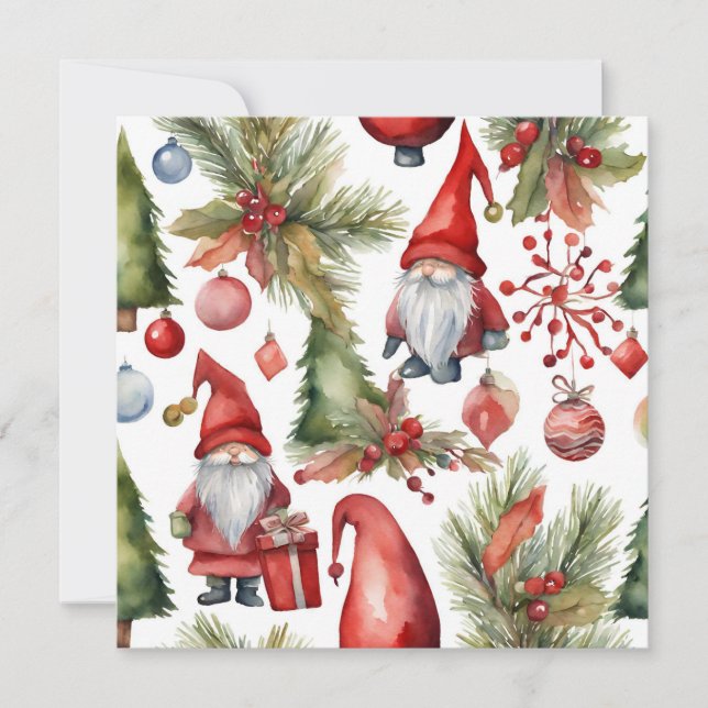 Cartes Pour Fêtes Annuelles Gnomes de Noël et ornements Aquarelle (Devant)