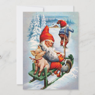 Cartes Pour Fêtes Annuelles Gnomes de Noël Vintage Tirer Le Cochon Dans La Mot