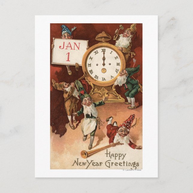Cartes Pour Fêtes Annuelles Gnomes s'amarrant autour d'une horloge (Devant)