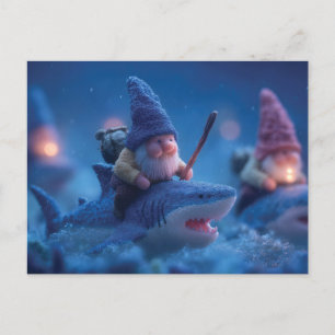 Cartes Pour Fêtes Annuelles Gnomes Whimsical chevauchant des requins