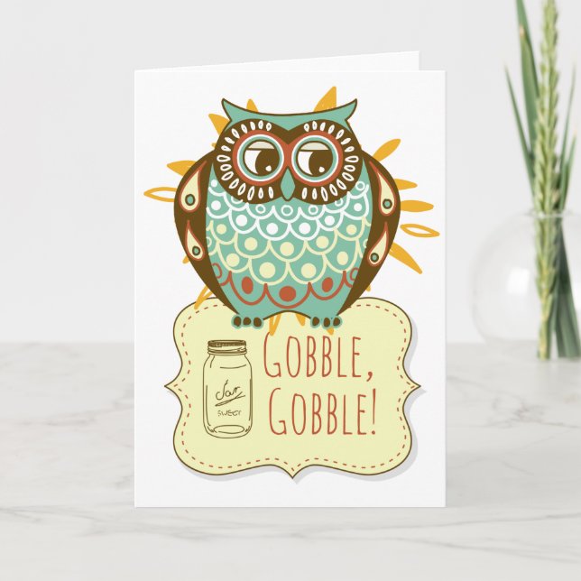 Cartes Pour Fêtes Annuelles Gobble Gobble Floral Blue Owl Thanksgiving (Devant)