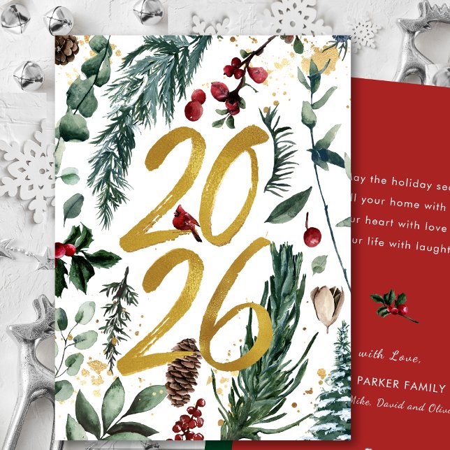 Cartes Pour Fêtes Annuelles Gold 2025 Pin de Noël Festive Bough Rouge Floral (Créateur téléchargé)