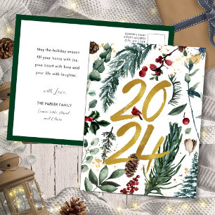 Cartes Pour Fêtes Annuelles Gold 2025 Pin de Noël Festive Bough Rouge Floral