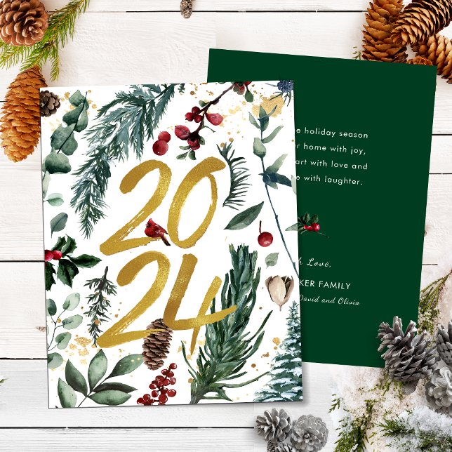 Cartes Pour Fêtes Annuelles Gold 2025 Pin de Noël Festive Bough Rouge Floral (Créateur téléchargé)