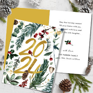 Cartes Pour Fêtes Annuelles Gold 2025 Pin de Noël Festive Bough Rouge Floral
