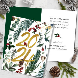 Cartes Pour Fêtes Annuelles Gold 2025 Pin de Noël Festive Bough Rouge Floral