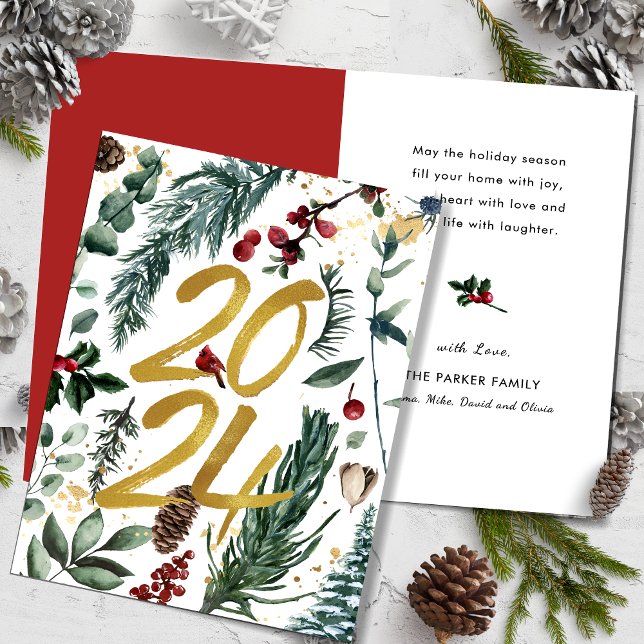 Cartes Pour Fêtes Annuelles Gold 2025 Pin de Noël Festive Bough Rouge Floral (Créateur téléchargé)