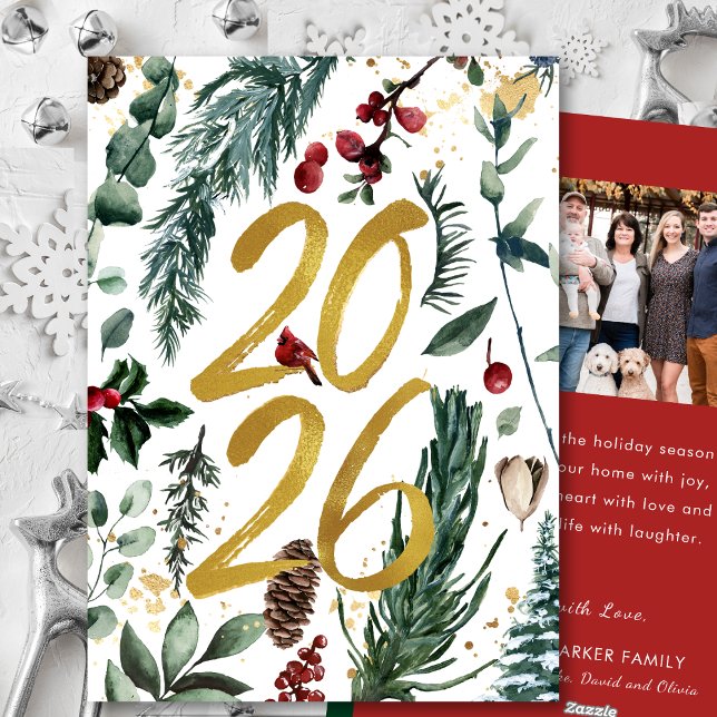 Cartes Pour Fêtes Annuelles Gold 2025 Pin de Noël Festive Pough Rouge photo (Créateur téléchargé)