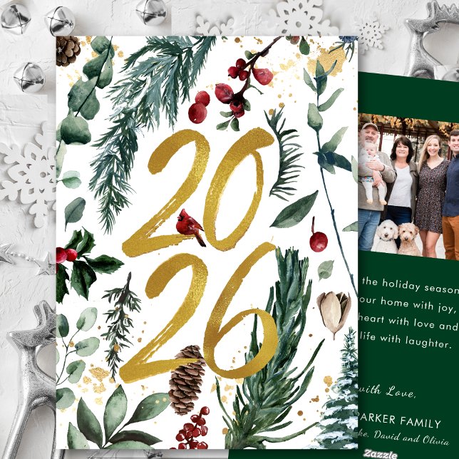 Cartes Pour Fêtes Annuelles Gold 2025 Pin de Noël Festive Pough Rouge photo (Créateur téléchargé)