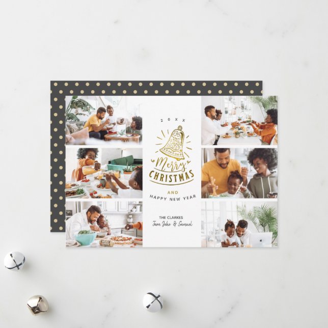 Cartes Pour Fêtes Annuelles Gold Bell Joyeux Noël 6 Photo Collage (Devant/Arrière en situation)