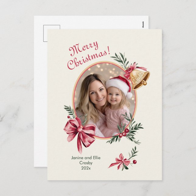 Cartes Pour Fêtes Annuelles Gold Bells Pink Bows Photo Noël (Devant / Derrière)