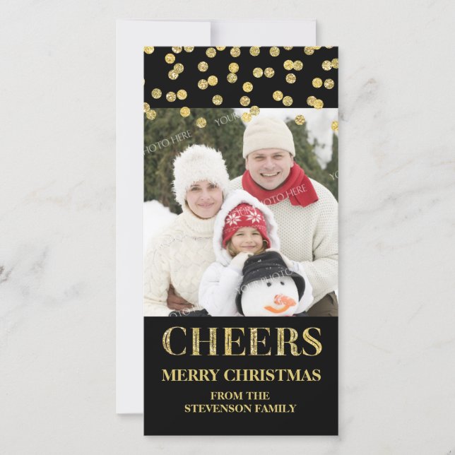 Cartes Pour Fêtes Annuelles Gold Black Cheers Joyeux Noël Confetti Photo (Devant)
