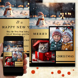 Cartes Pour Fêtes Annuelles Gold Black Snowman Photo Christmas Holiday Card<br><div class="desc">Une carte de Noël élégante avec 2 de vos propres photos personnalisées sur un design noir or avec un bonhomme de neige. Au verso sont vos voeux pour le Nouvel An.</div>