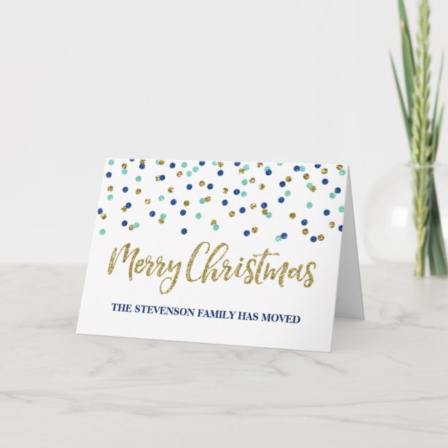 Cartes Pour Fêtes Annuelles Gold Blue Confetti Joyeux Noël Nouvelle adresse (Devant)
