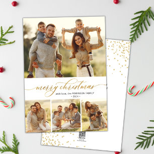 Cartes Pour Fêtes Annuelles Gold Calligraphy Script 4 Photo Collage Noël