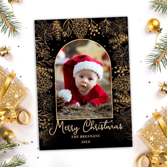 Cartes Pour Fêtes Annuelles Gold Christmas Photo Élégant Script festif (Gold Christmas Photo Elegant Festive Script Holiday Card)