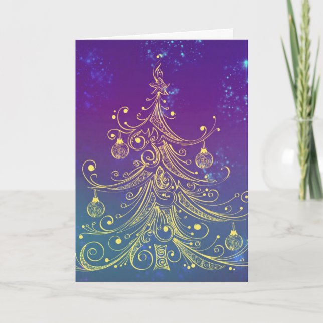 Cartes Pour Fêtes Annuelles Gold Christmas Tree Motif Purple Teal (Devant)