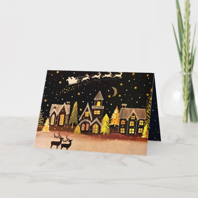 Cartes Pour Fêtes Annuelles Gold Christmas Village Deer Winter Night (Devant)