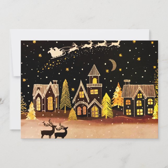 Cartes Pour Fêtes Annuelles Gold Christmas Village Deer Winter Night (Devant)