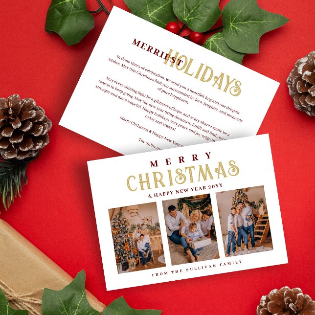 Cartes Pour Fêtes Annuelles Gold Classic Stylish Luxurious Christmas 3 Photos (Classic Stylish Luxurious Christmas 3 Photos Collage in Red and Fake Gold Holiday Card with Envelope)