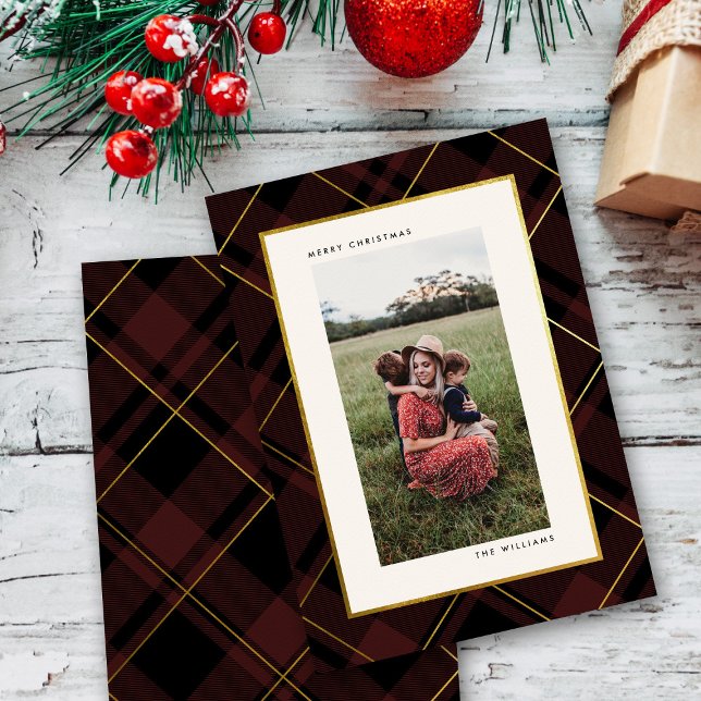 Cartes Pour Fêtes Annuelles Gold & Dark Red Tartan Joyeux Noël Photo (Créateur téléchargé)