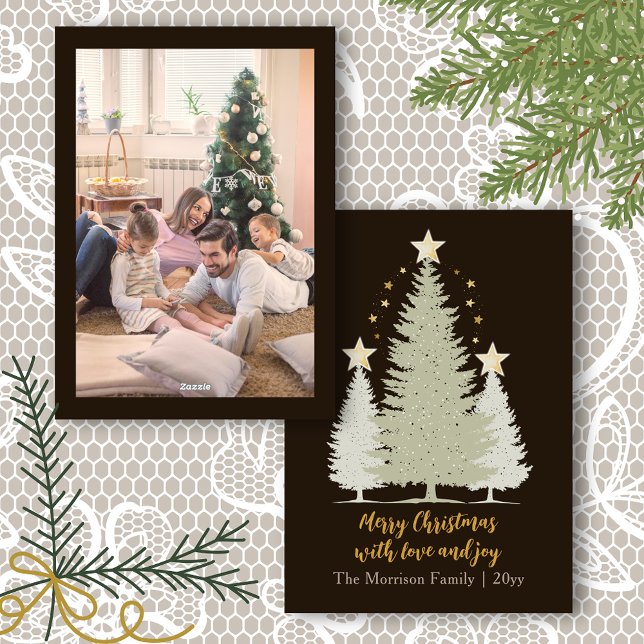 Cartes Pour Fêtes Annuelles Gold et Brown sapin de Noël et Stars Photo (Gold and Brown Christmas Tree and Stars Photo Holiday Card)