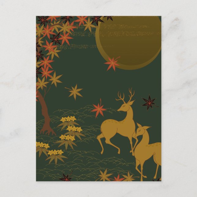 Cartes Pour Fêtes Annuelles Gold Fall Moon Russe Forêt Nature Cerf (Devant)