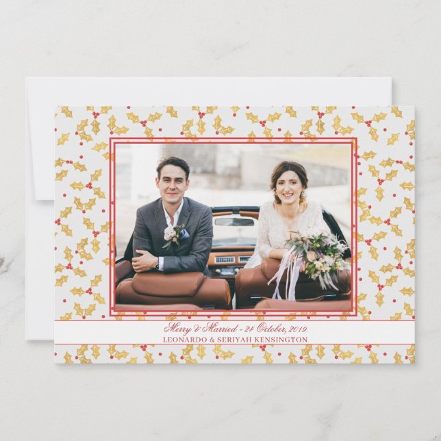 Cartes Pour Fêtes Annuelles Gold Foil Holly Joyeux Marié Photo de Noël (Devant)