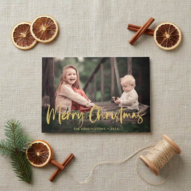 Cartes Pour Fêtes Annuelles Gold Foil Script Joyeux Noël Photo de vacances (Créateur téléchargé)