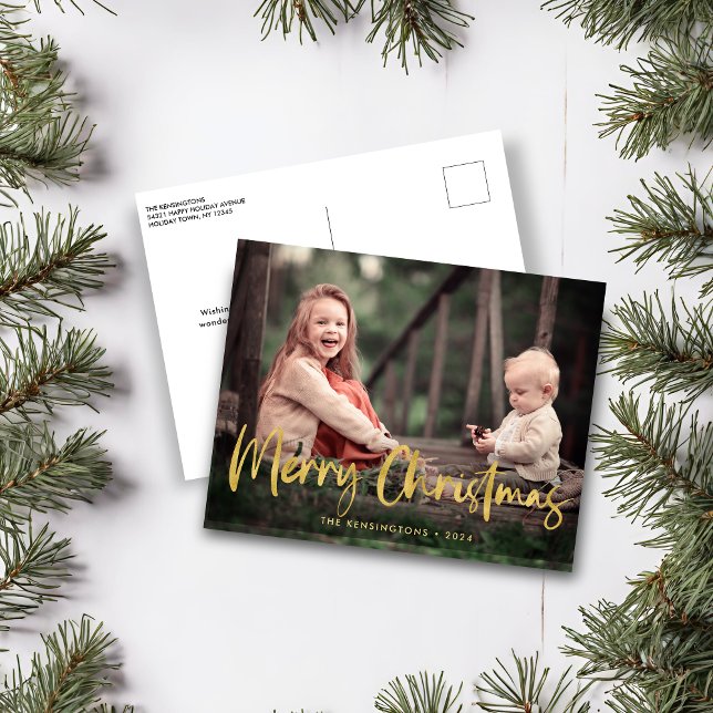 Cartes Pour Fêtes Annuelles Gold Foil Script Joyeux Noël Photo de vacances (Gold Foil Script Merry Christmas Holiday Photo Postcard)